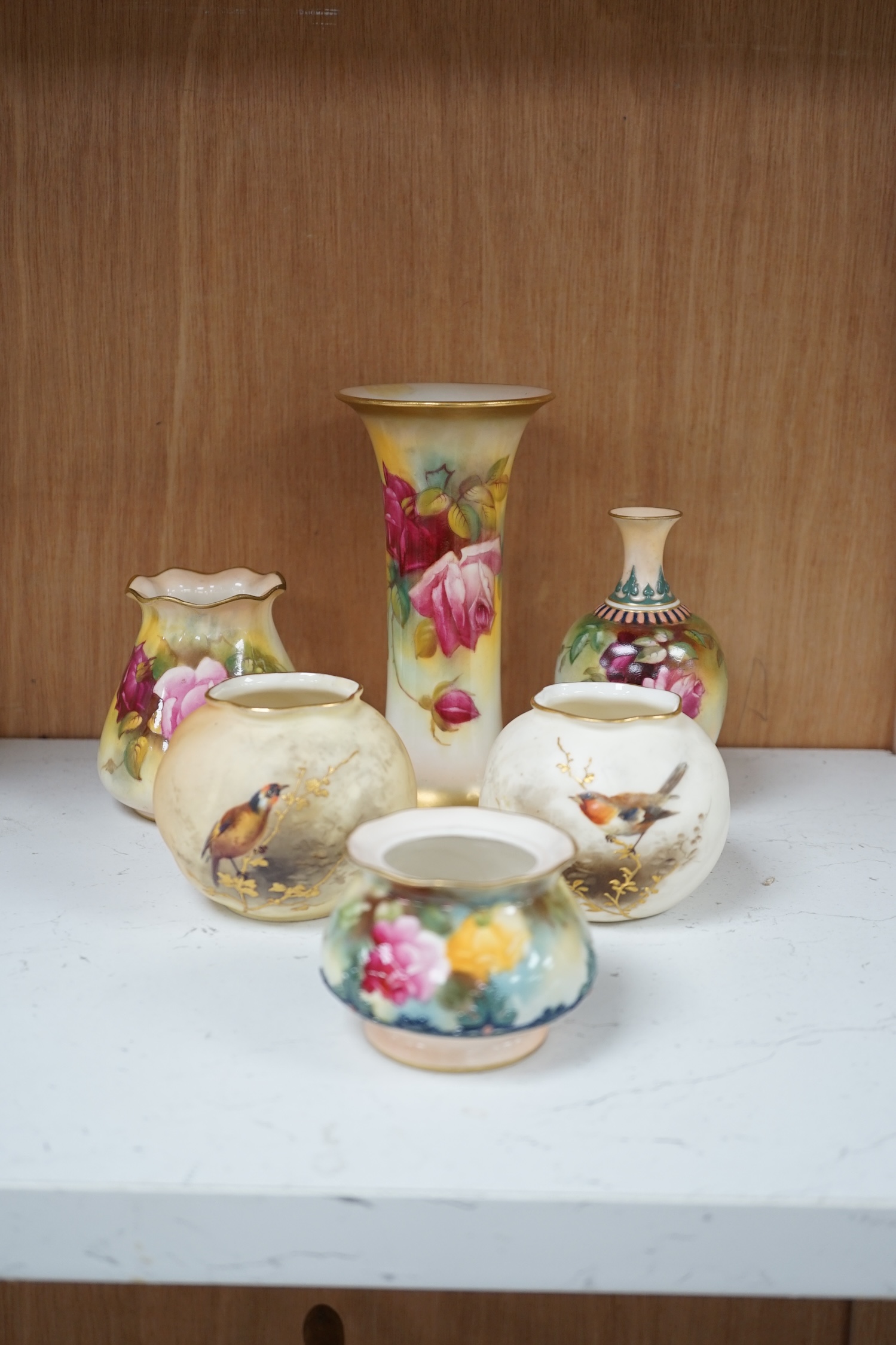 Six Royal Worcester vases, shape numbers 161, 265, 286, 957 and 923. Condition - good